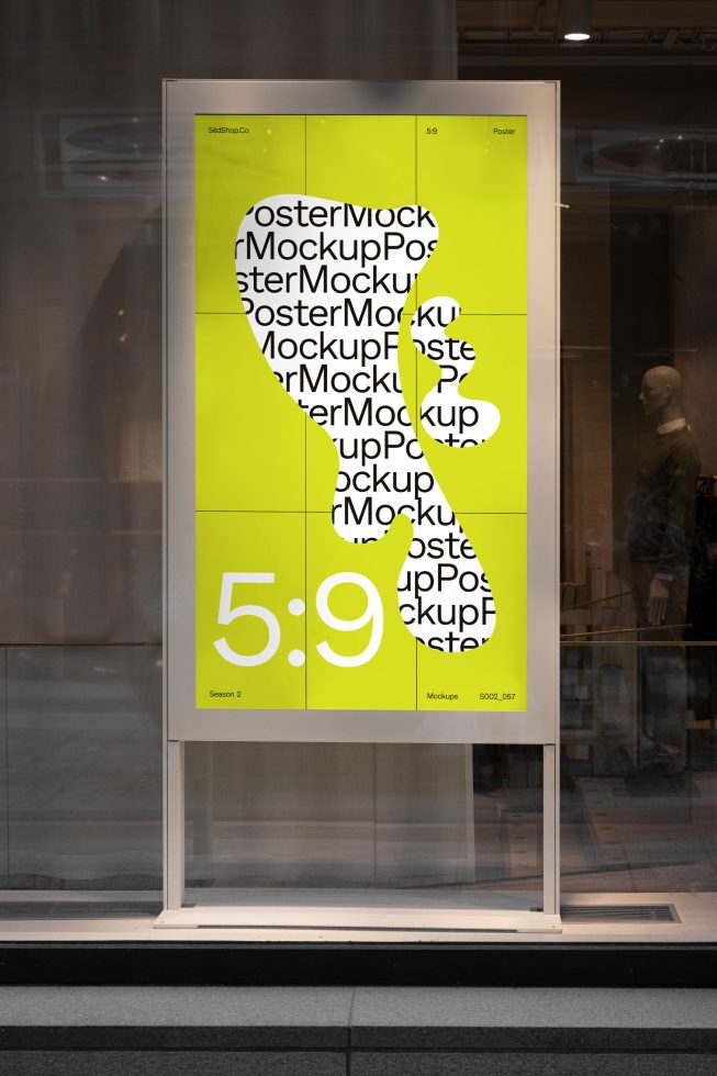 Bright yellow street poster mockup in a glass case with mannequin visible, showcasing urban advertising design template for graphics display.