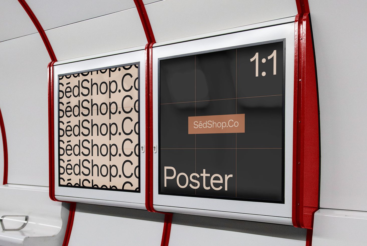 Modern poster mockup in a transit advertising space with sleek design elements, ideal for presentations and branding projects for designers.