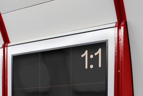 Close-up of a red and white digital billboard mockup for outdoor advertising, designers can edit for displays.