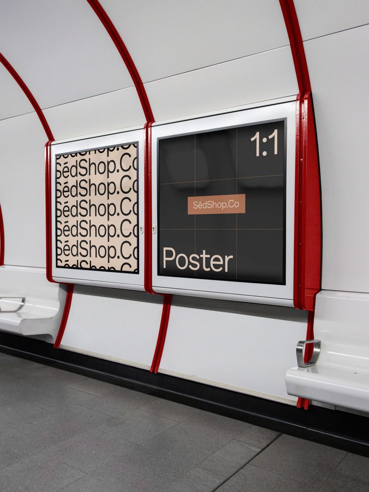 Subway station billboards mockup for poster design presentation, featuring two contrasting posters with 1:1 aspect ratio.