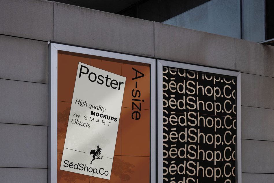 Street-level poster mockup on modern building with orange tile