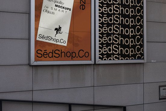 Exterior building wall with orange and black mockup advertisement for SéShop, featuring text and design elements, ideal for graphic and template designs.
