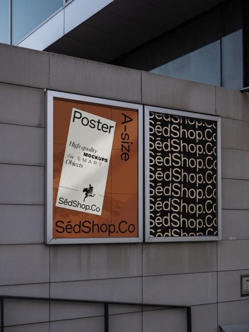 Two large outdoor posters on building facade with orange background