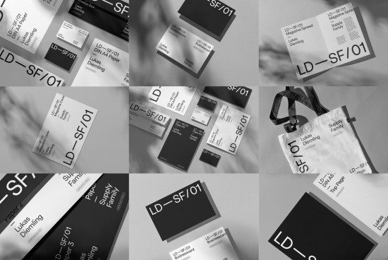 Monochrome design mockups collection including business cards, brochures, and bags for branding, suitable for showcasing graphic design work.