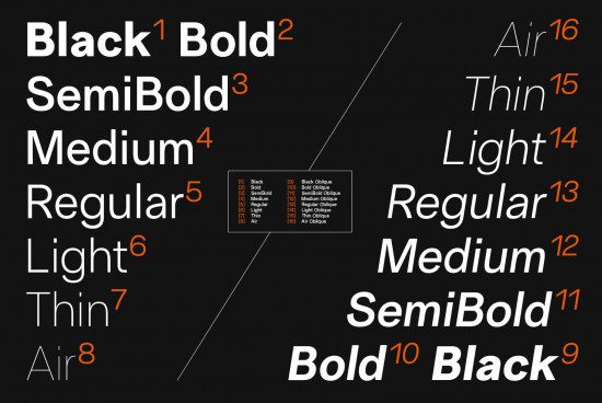 Font weight display with various styles from black to air on black background, ideal for graphics and templates design.