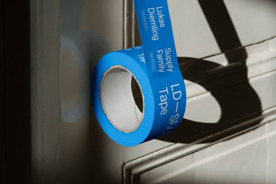Roll of blue painters tape with shadow play on white wall, realistic lighting, perfect for graphics and mockups.