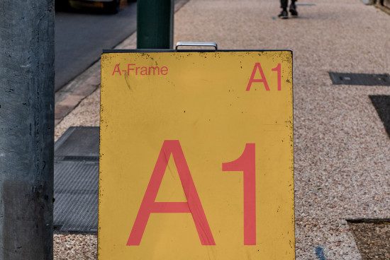 Yellow A-Frame sign with 'A1' text in urban setting, ideal for mockup, templates, design elements, street signage graphic asset.