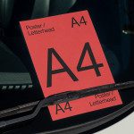 Red A4 poster mockup on car windshield, showcasing bold font, ideal for graphic designers looking for print templates and branding visuals.