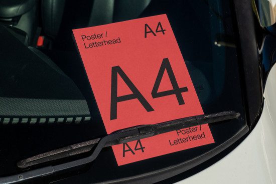 Red A4 poster mockup on car windshield, showcasing bold font, ideal for graphic designers looking for print templates and branding visuals.