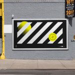 Outdoor billboard mockup with bold graphic design, yellow black stripes, and plus symbol, showcasing urban advertising space for designers.