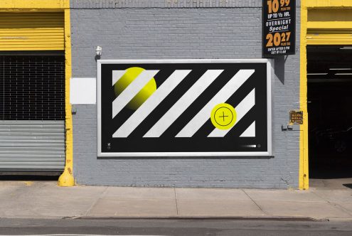 Outdoor billboard mockup with bold graphic design, yellow black stripes, and plus symbol, showcasing urban advertising space for designers.