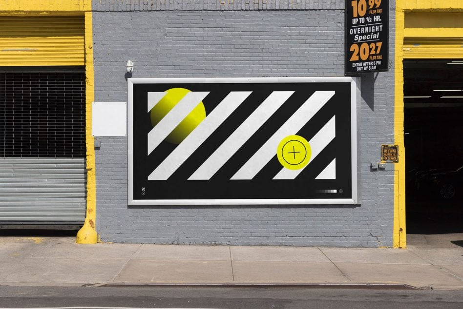 Bold yellow circle with crosshair on diagonal striped street billboard mockup
