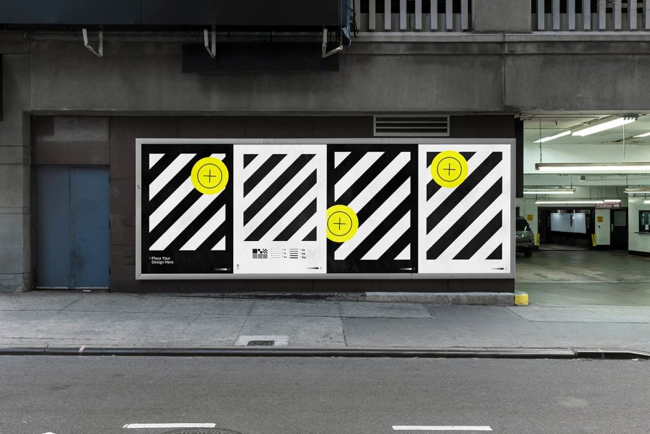 Urban billboard mockup featuring three black and white striped posters with yellow accents. Ideal for designers' advertising templates.