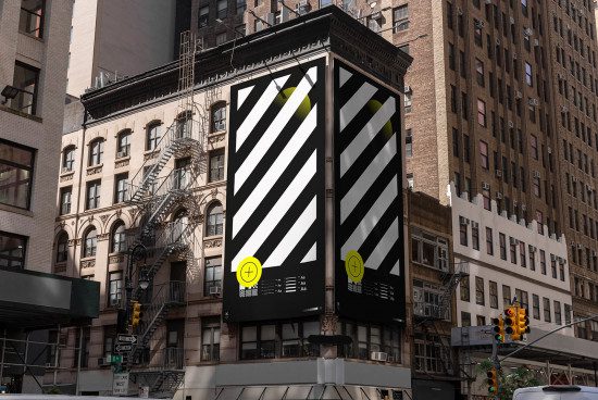 Urban billboard mockup with striped design and branding in cityscape for graphic designers and advertisers to showcase outdoor advertising.