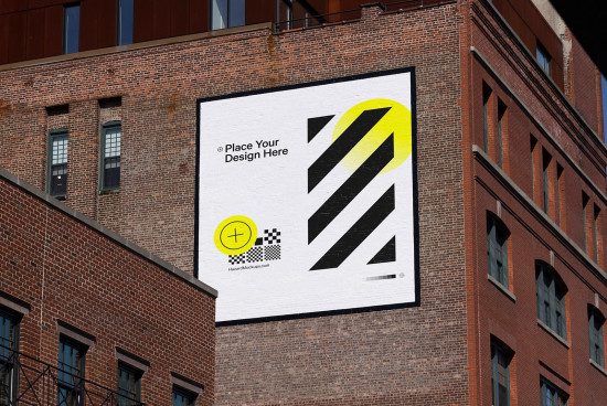Urban billboard mockup on brick building exterior for outdoor advertising design, editable template, large rectangular format.