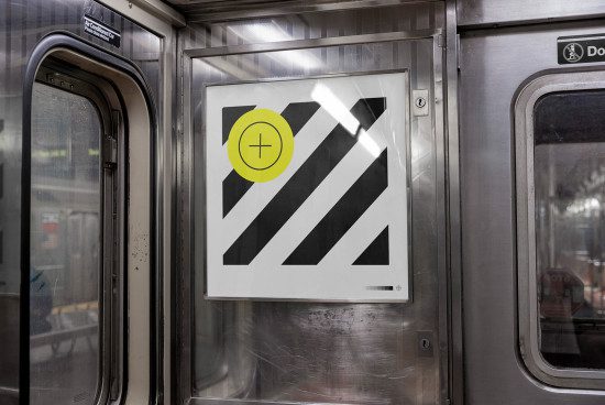 Subway car interior with striking geometric pattern poster, minimal design with yellow circle plus sign, urban mockup graphic.