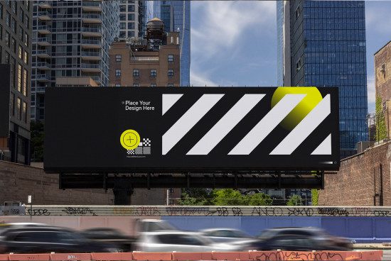 Urban billboard mockup with editable design space, city background, ideal for outdoor advertising and branding presentations.