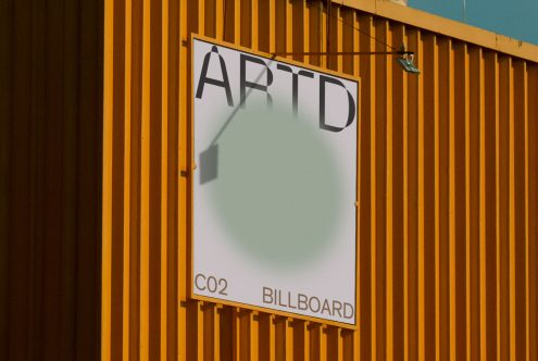 Billboard mockup on orange metal ribbed wall with shadow casting, urban outdoor advertising display for designers.