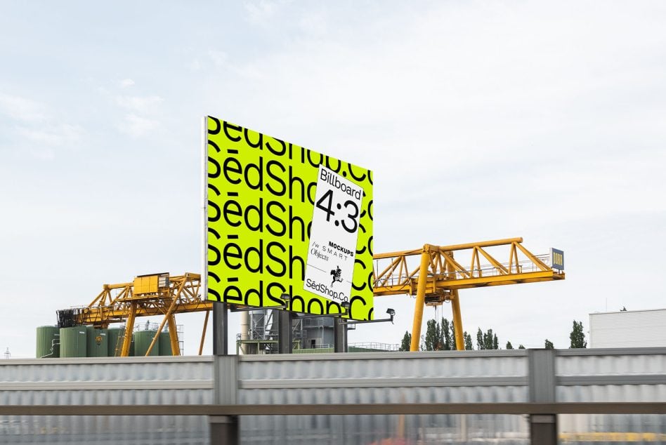 Bright yellow billboard mockup mounted on yellow industrial crane over water
