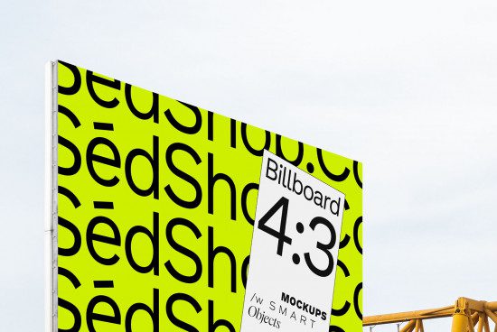 Outdoor billboard mockup with bright yellow background and black text, showcasing 4:3 aspect ratio for advertising, design mockups.