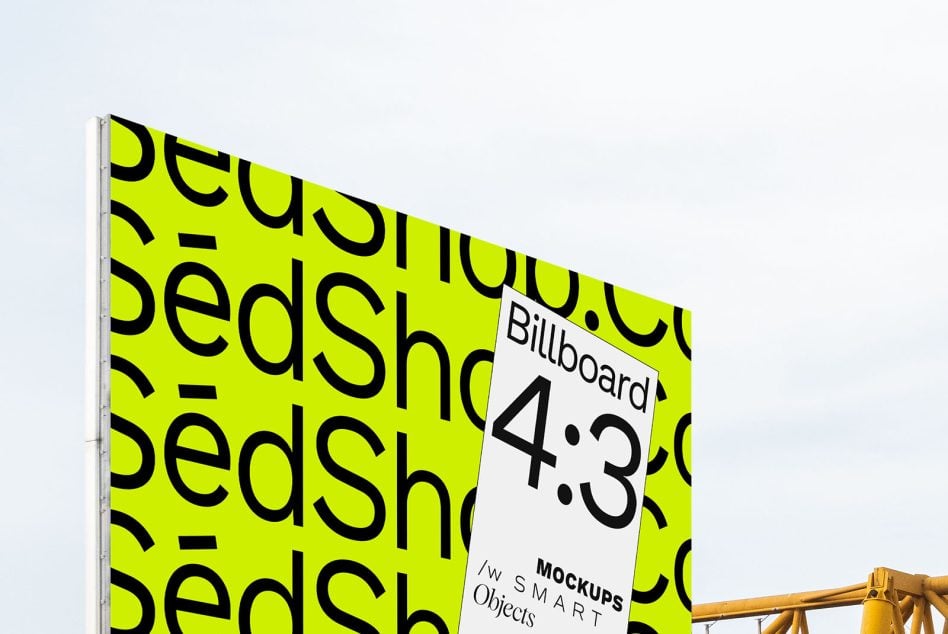 Billboard 4.3 mockup bright neon yellow white label against blue sky