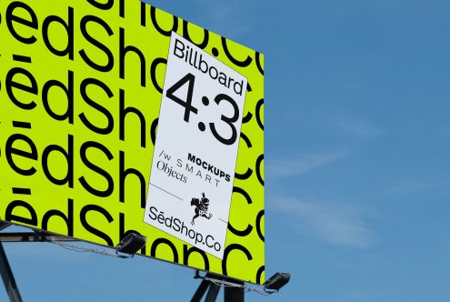 Billboard mockup in 4:3 format on a bright yellow background with clear sky, ideal for designers to showcase advertising designs.