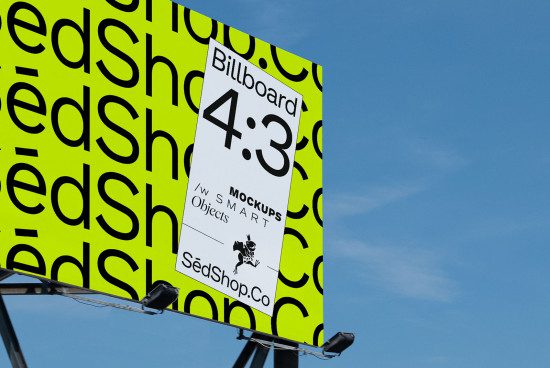 Billboard mockup in 4:3 format on a bright yellow background with clear sky, ideal for designers to showcase advertising designs.
