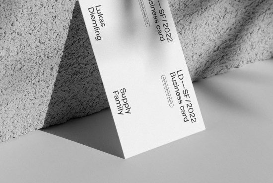 Modern business card mockup leaning against textured wall in monochrome, showcasing clean design and elegant typography ideal for presentations.