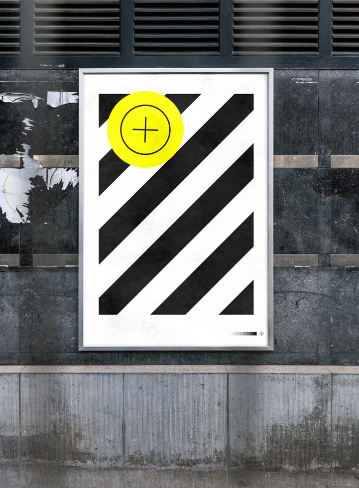 Urban poster mockup on a metal wall with bold diagonal stripes design and a vibrant yellow circle, ideal for presentations and graphic display.