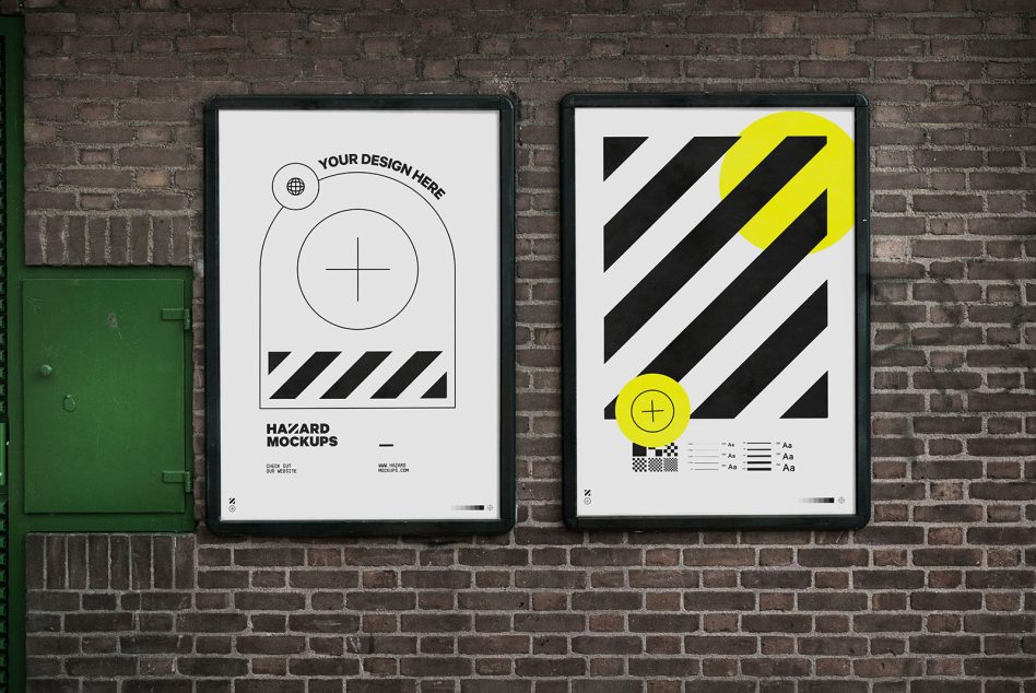 Two street posters on brick wall: left shows circles, right shows diagonal stripes neon yellow