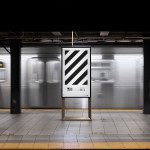 Subway station poster mockup with blurred train in motion, urban advertising, realistic graphic design display, high-resolution template.