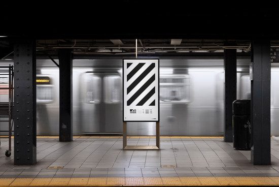 Subway station poster mockup with blurred train in motion, urban advertising, realistic graphic design display, high-resolution template.