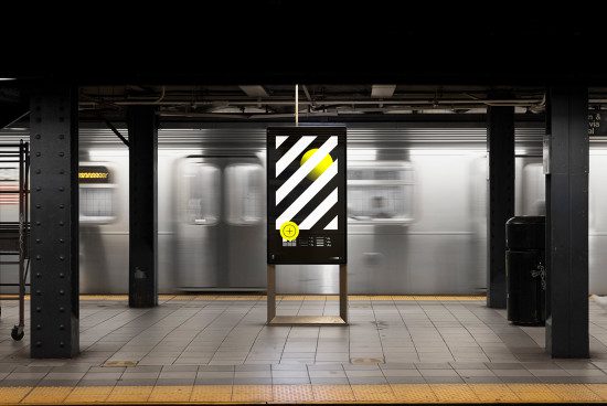 Subway station with moving train and clear advertisement mockup on billboard, modern urban environment for designers.