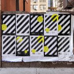 Urban outdoor poster mockup with striped design and bright yellow accents displayed on wall for graphic presentations and street-level advertising.