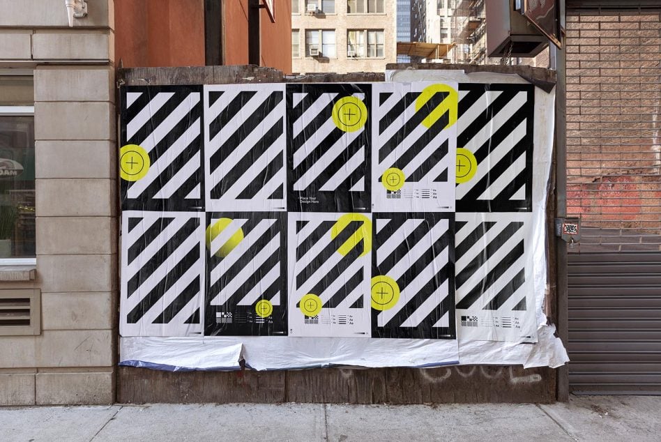 Grid of ten posters with diagonal stripes, mixed black backgrounds, yellow circular accents scattered throughout