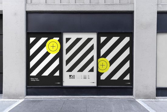 Urban store mockup with black and white diagonal stripe design and yellow accents for showcasing branding and signage to designers.