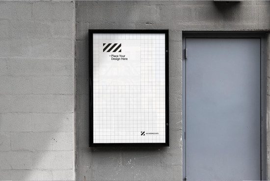 Urban poster mockup in a metal frame on a concrete wall next to a door, grid layout, customizable design presentation.