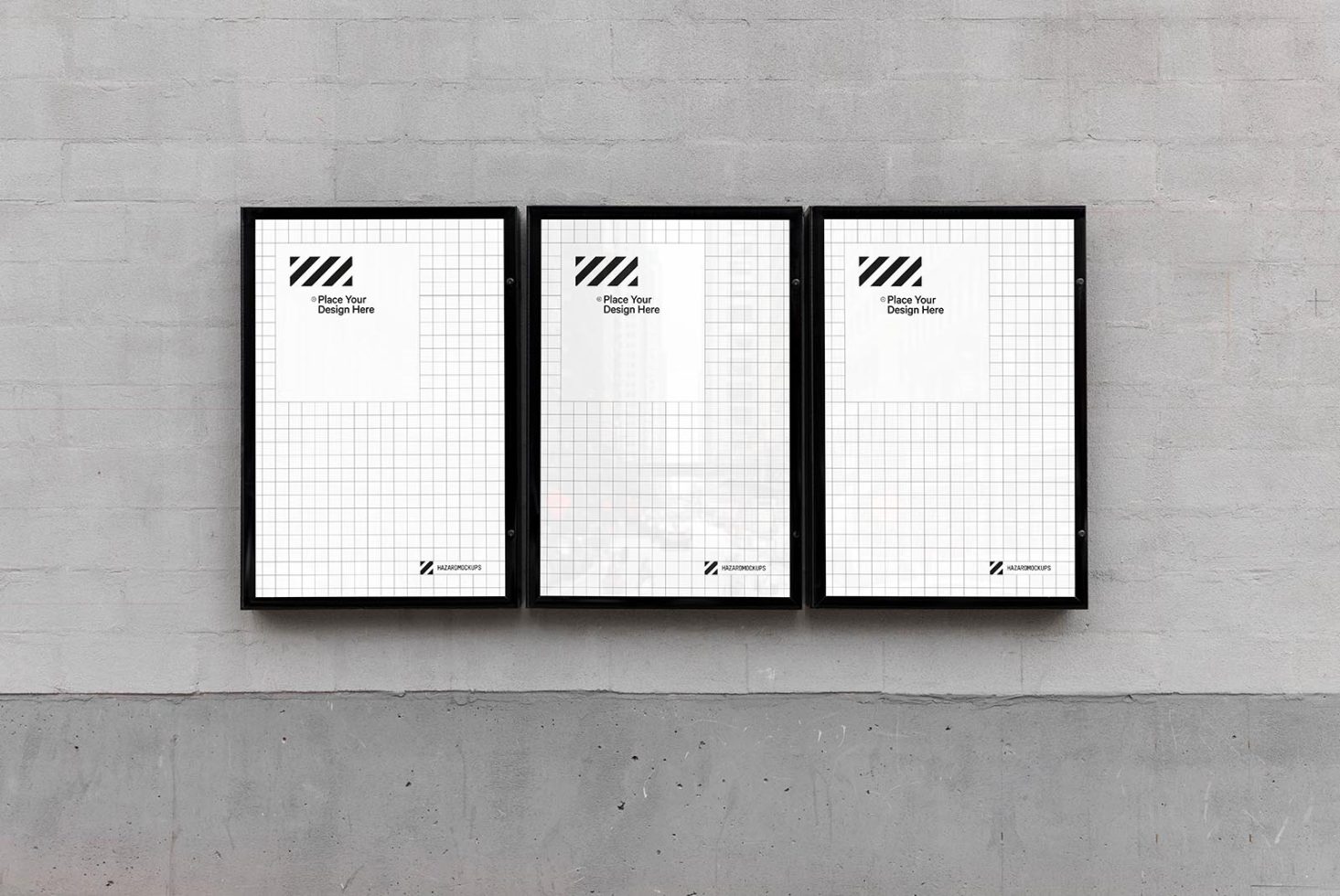 Triple poster mockups on a grey brick wall for showcasing designs, ideal for creatives, display in portfolio, modern and minimalist.