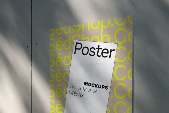 Realistic poster mockup with shadow overlay and dynamic typography background, perfect for presentation, portfolio, design showcase.