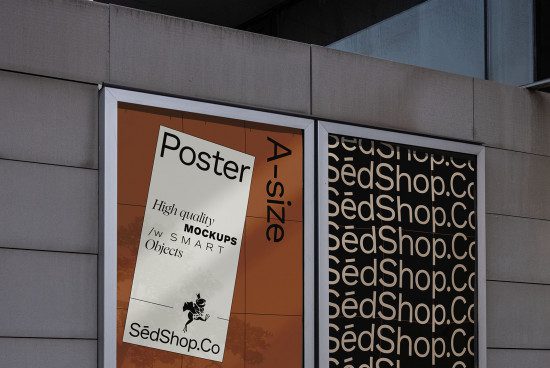 Poster mockup showcased on urban store wall, featuring design template in a modern setting for branding preview.