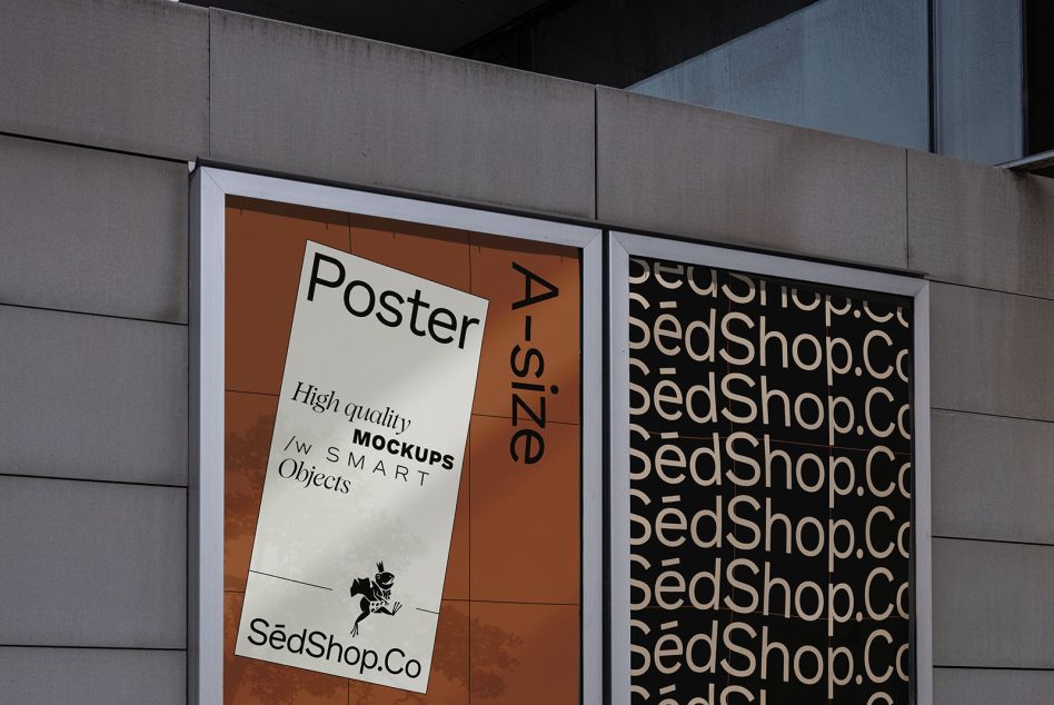 Poster mockup showcased on urban store wall, featuring design template in a modern setting for branding preview.