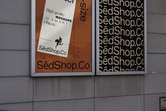 Exterior mockup banners displaying logo and text for advertising, suited for design marketplace with editable smart objects.