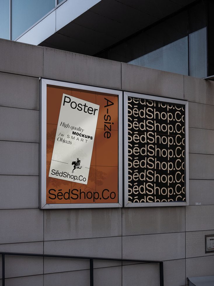 Outdoor poster mockup on a modern building facade for designers to showcase advertising designs, marketing graphics, and branding material.