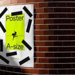Mockup of a bright yellow A-size poster with black tape on a curved brick wall for design display, showcasing urban outdoor advertising.