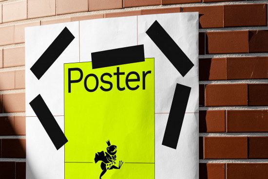 Bright yellow poster mockup with black tape on a brick wall background, featuring playful frog graphic. Ideal for showcasing design work for portfolios.