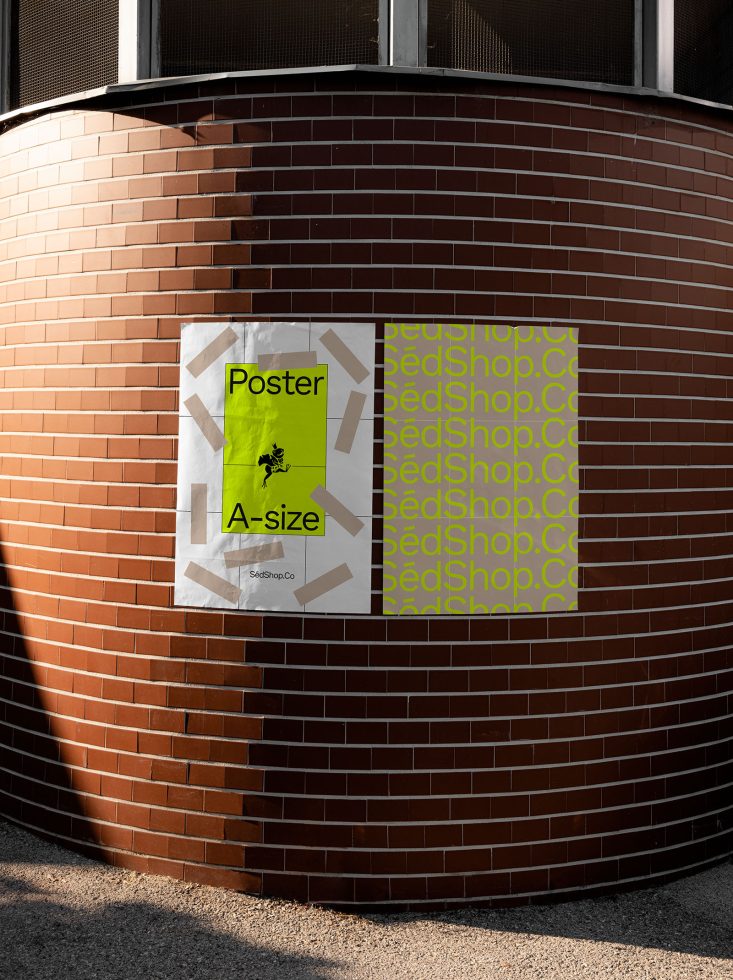 Urban poster mockup on curved brick wall for outdoor advertising, design presentation, graphic display. Ideal for designers showcasing posters.