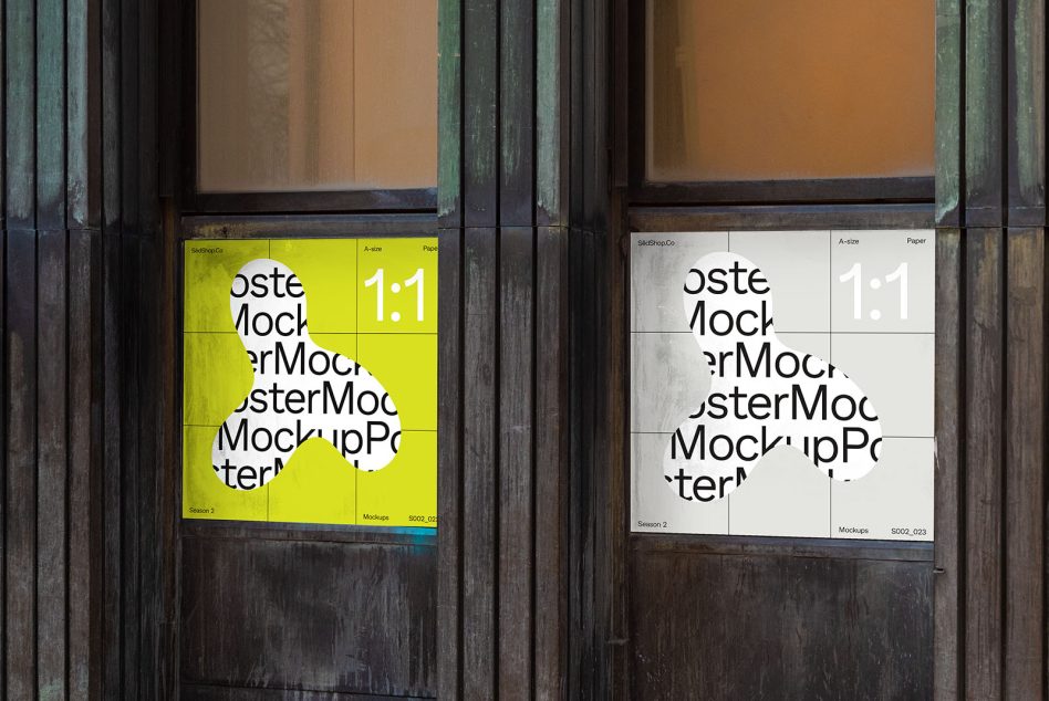 Pair of A-size poster mockups displayed on aged metal door frame