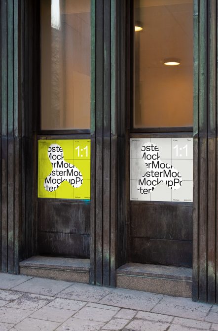 Two square poster mockups side by side in shop window niche