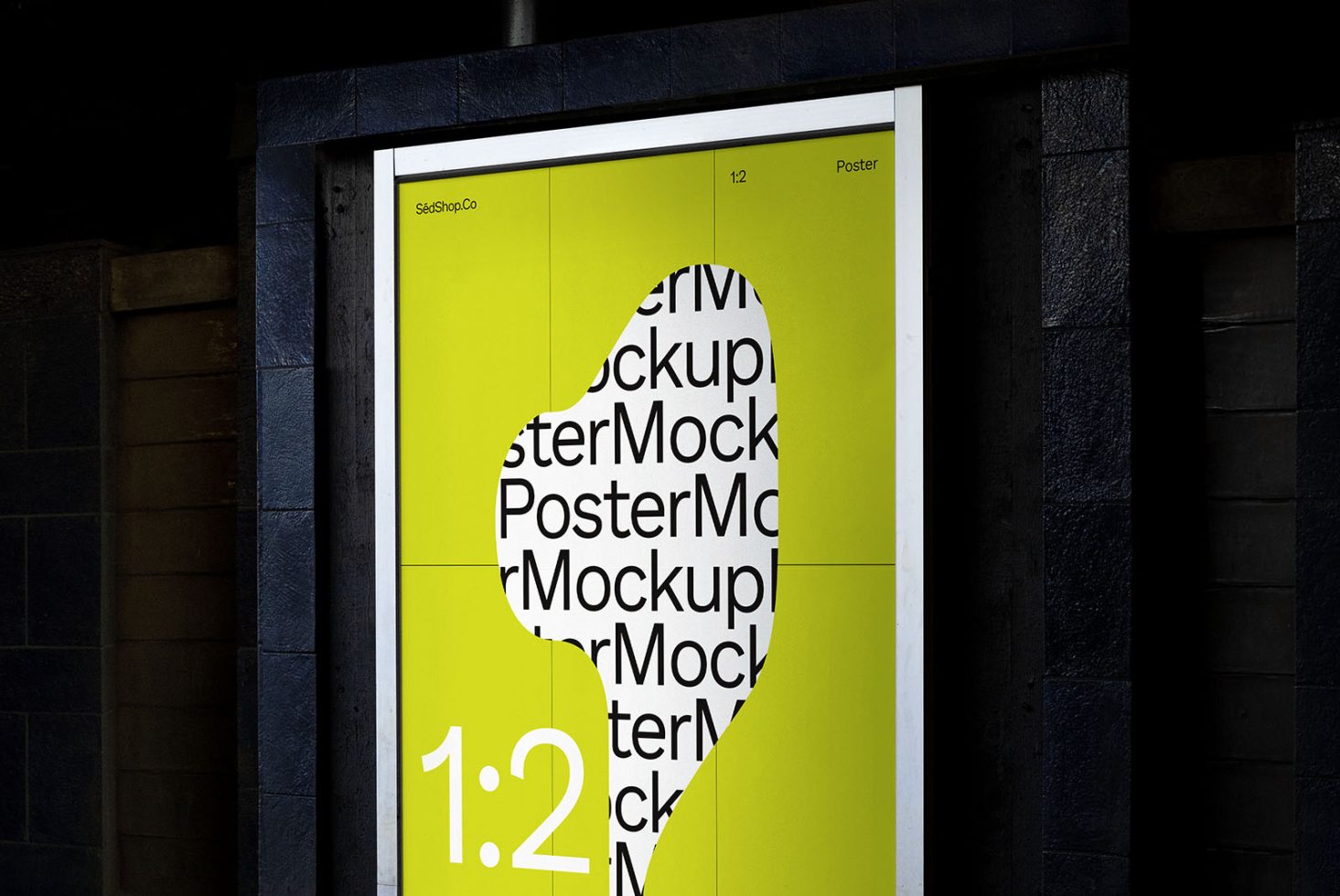 Bright yellow poster mockup on city street display, modern graphic design, advertising template, designer asset.