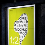Bright yellow poster mockup on city street display, modern graphic design, advertising template, designer asset.